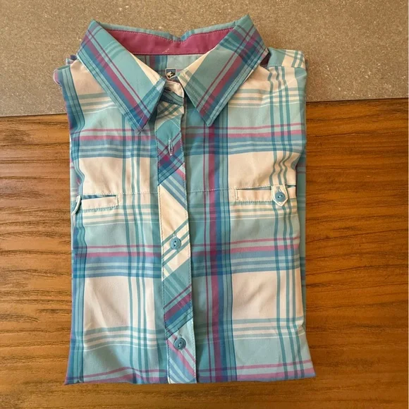KUHL Women’s Plaid Button Up Short Sleeve Hiking Shirt Blue White Purple Medium - Picture 12 of 12